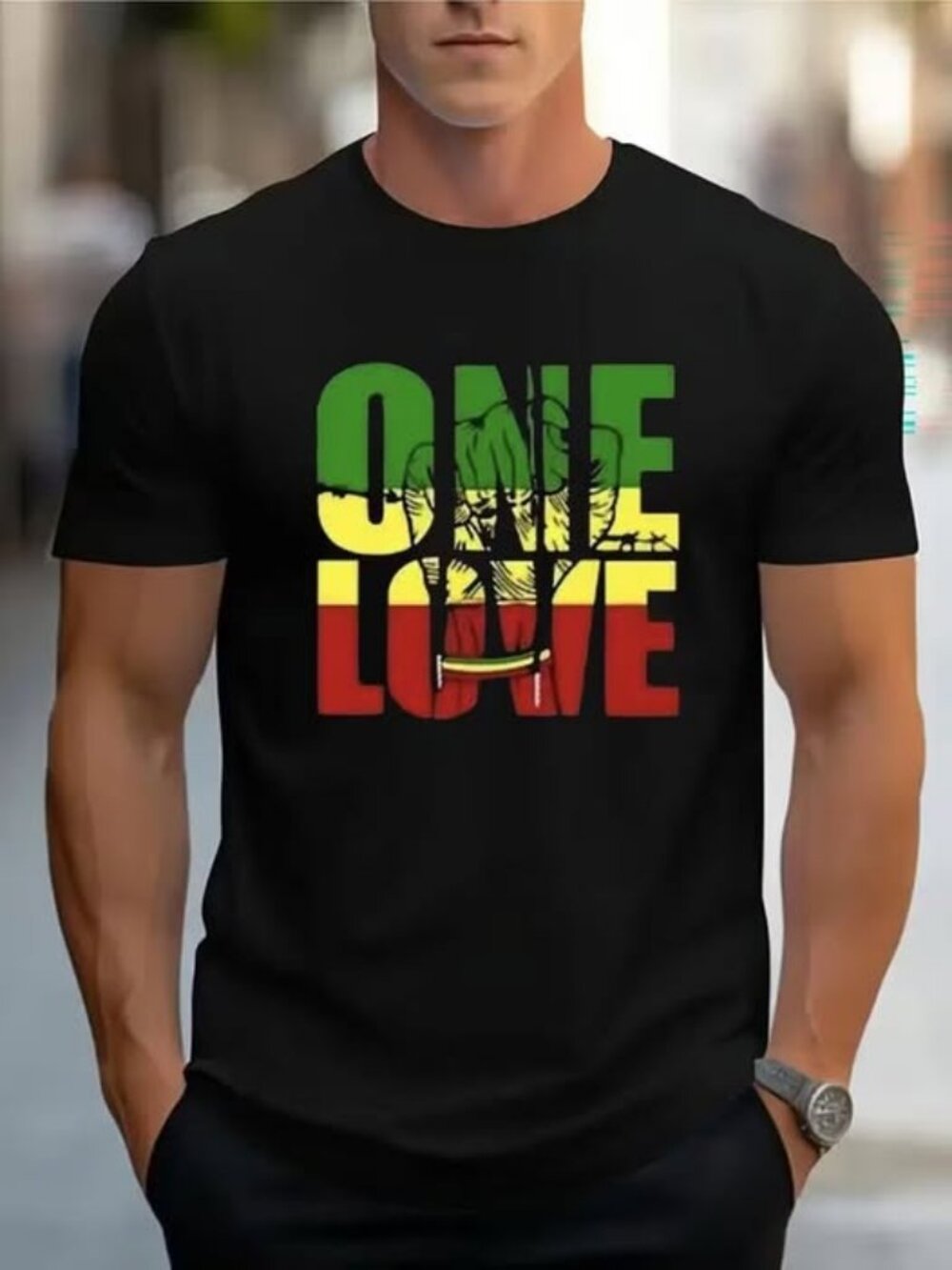 Caribbean Reggae Pride X-Large Black Graphic Tee Featuring One Love with A Fist